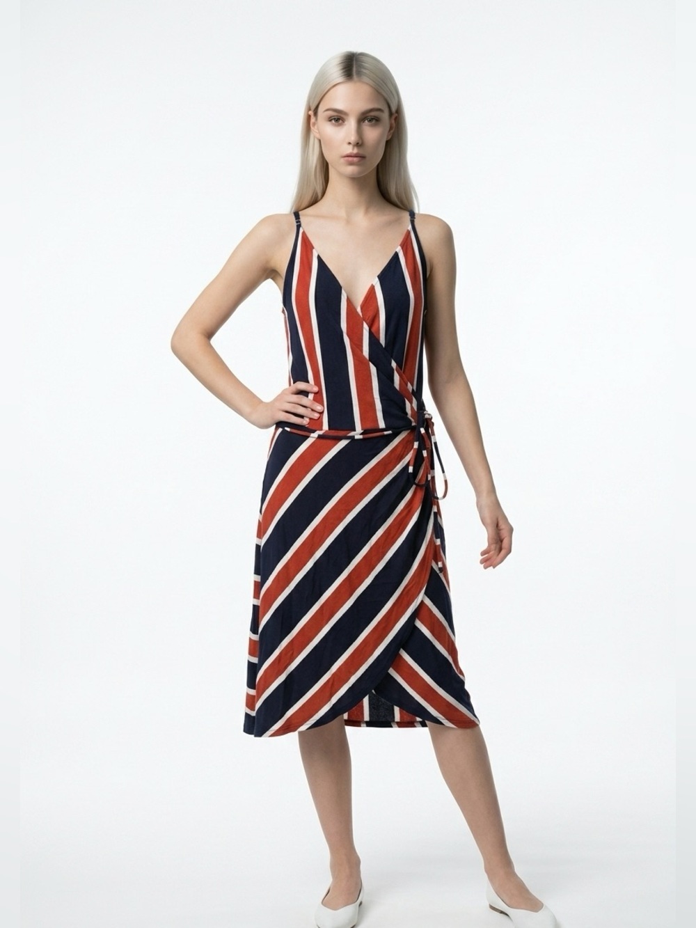 Market & Spruce Navy, Rust & White Striped Wrap Midi Dress Petite XL